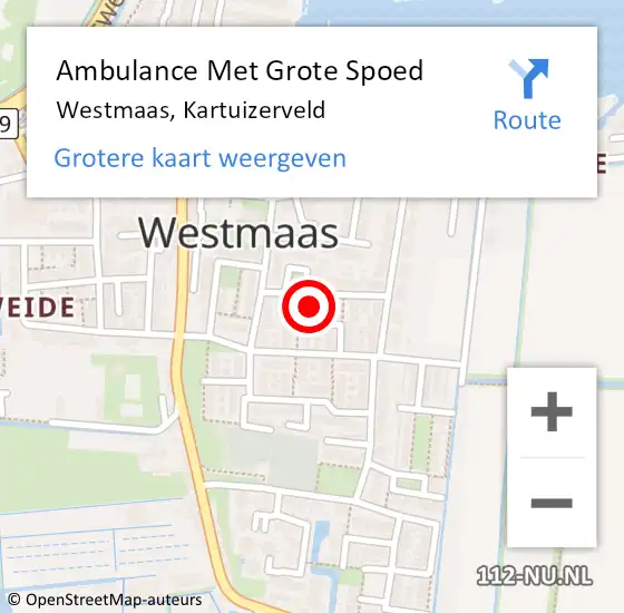 Locatie op kaart van de 112 melding: Ambulance Met Grote Spoed Naar Westmaas, Kartuizerveld op 23 augustus 2023 23:06