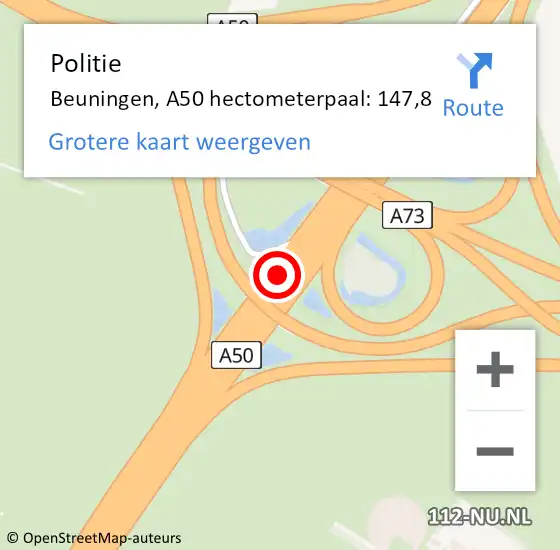 Locatie op kaart van de 112 melding: Politie Beuningen, A50 hectometerpaal: 147,8 op 23 augustus 2023 23:17