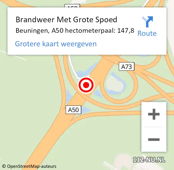 Locatie op kaart van de 112 melding: Brandweer Met Grote Spoed Naar Beuningen, A50 hectometerpaal: 147,8 op 23 augustus 2023 23:18