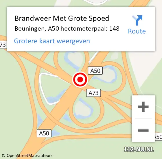 Locatie op kaart van de 112 melding: Brandweer Met Grote Spoed Naar Beuningen, A50 hectometerpaal: 148 op 23 augustus 2023 23:20