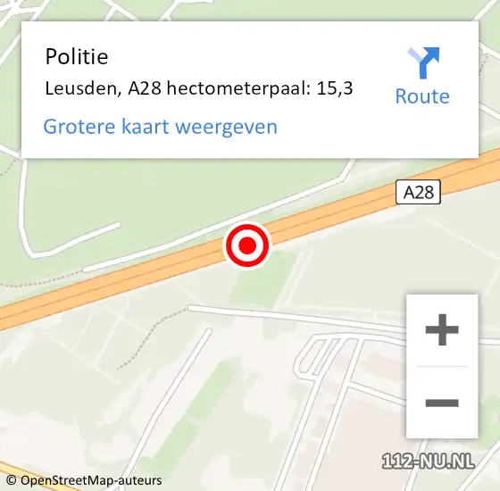 Locatie op kaart van de 112 melding: Politie Leusden, A28 hectometerpaal: 15,3 op 23 augustus 2023 23:48