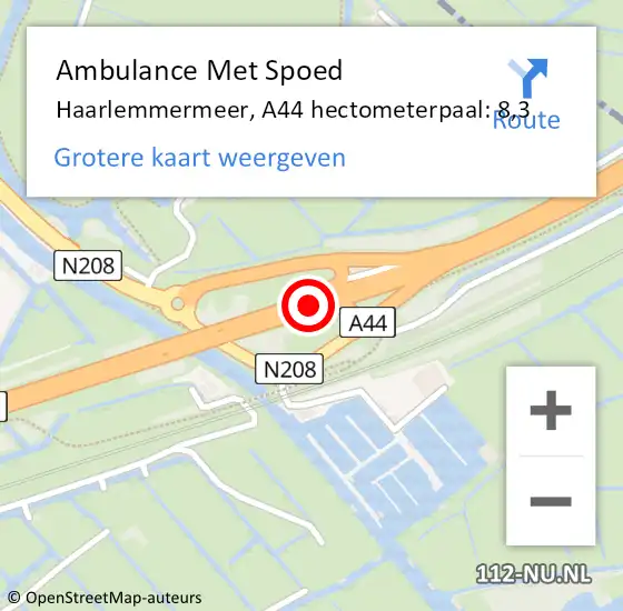 Locatie op kaart van de 112 melding: Ambulance Met Spoed Naar Haarlemmermeer, A44 hectometerpaal: 8,3 op 24 augustus 2023 05:08