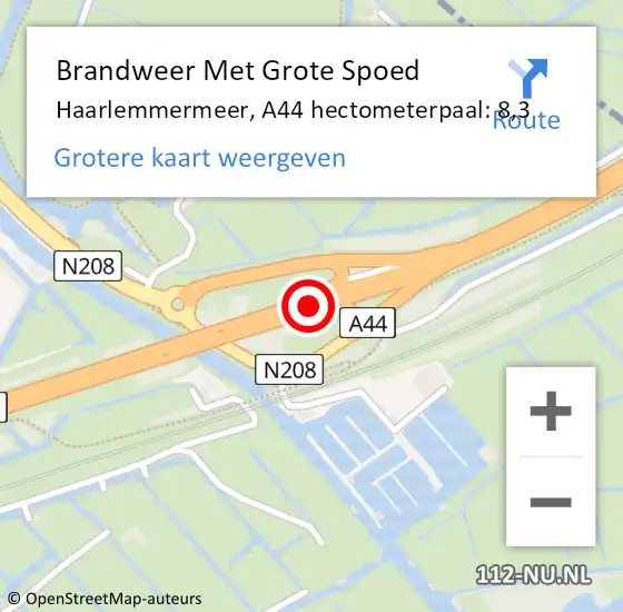 Locatie op kaart van de 112 melding: Brandweer Met Grote Spoed Naar Haarlemmermeer, A44 hectometerpaal: 8,3 op 24 augustus 2023 05:10