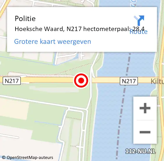 Locatie op kaart van de 112 melding: Politie Hoeksche Waard, N217 hectometerpaal: 28,4 op 24 augustus 2023 07:47