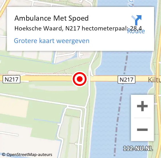 Locatie op kaart van de 112 melding: Ambulance Met Spoed Naar Hoeksche Waard, N217 hectometerpaal: 28,4 op 24 augustus 2023 07:50