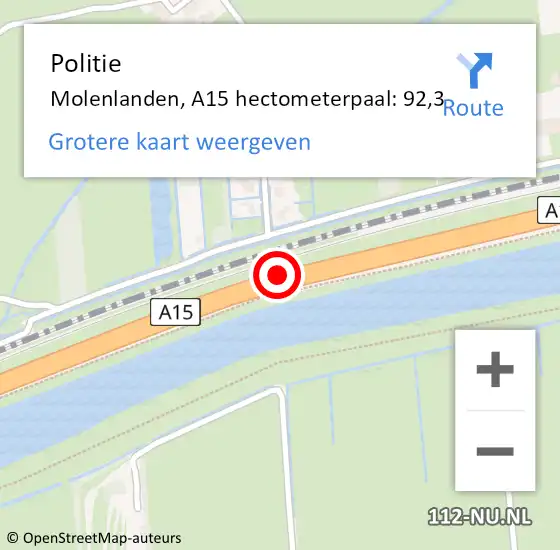 Locatie op kaart van de 112 melding: Politie Molenlanden, A15 hectometerpaal: 92,3 op 24 augustus 2023 08:55