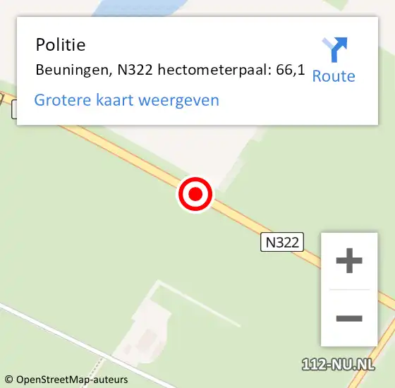 Locatie op kaart van de 112 melding: Politie Beuningen, N322 hectometerpaal: 66,1 op 24 augustus 2023 10:03