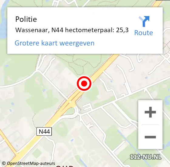 Locatie op kaart van de 112 melding: Politie Wassenaar, N44 hectometerpaal: 25,3 op 24 augustus 2023 11:05