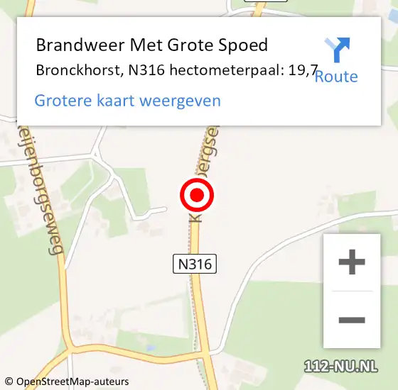 Locatie op kaart van de 112 melding: Brandweer Met Grote Spoed Naar Bronckhorst, N316 hectometerpaal: 19,7 op 24 augustus 2023 14:10