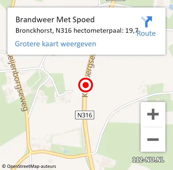 Locatie op kaart van de 112 melding: Brandweer Met Spoed Naar Bronckhorst, N316 hectometerpaal: 19,7 op 24 augustus 2023 16:36