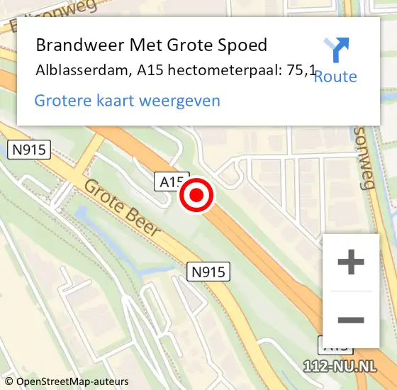 Locatie op kaart van de 112 melding: Brandweer Met Grote Spoed Naar Alblasserdam, A15 hectometerpaal: 75,1 op 24 augustus 2023 16:48