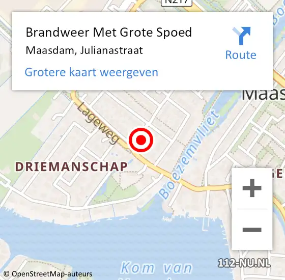 Locatie op kaart van de 112 melding: Brandweer Met Grote Spoed Naar Maasdam, Julianastraat op 24 augustus 2023 19:08