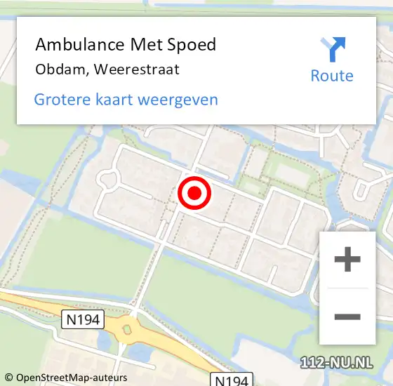 Locatie op kaart van de 112 melding: Ambulance Met Spoed Naar Obdam, Weerestraat op 24 augustus 2023 21:40