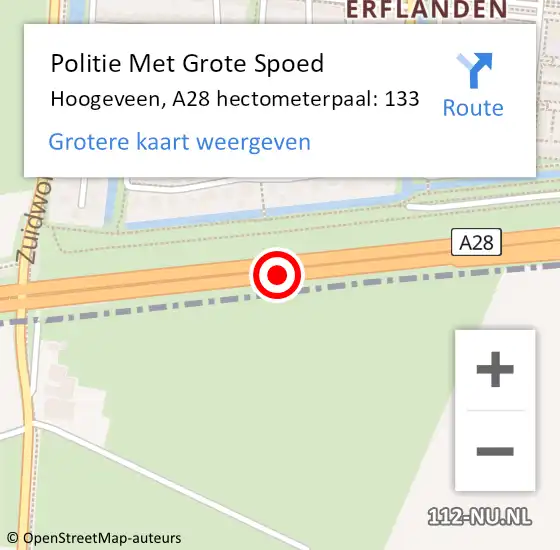 Locatie op kaart van de 112 melding: Politie Met Grote Spoed Naar Hoogeveen, A28 hectometerpaal: 133 op 24 augustus 2023 22:29