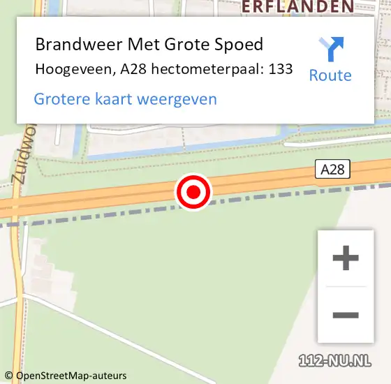 Locatie op kaart van de 112 melding: Brandweer Met Grote Spoed Naar Hoogeveen, A28 hectometerpaal: 133 op 24 augustus 2023 22:31