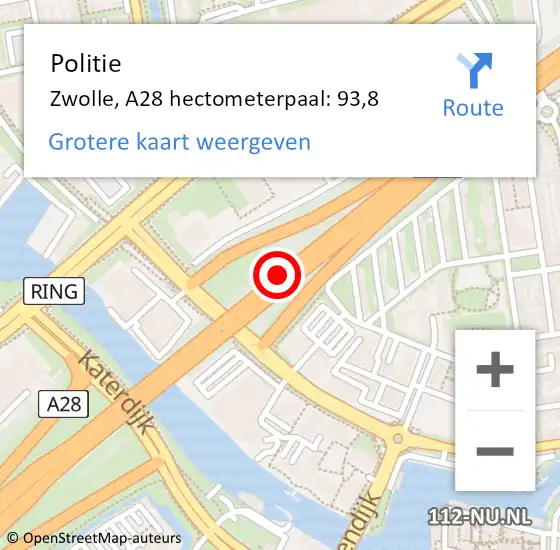 Locatie op kaart van de 112 melding: Politie Zwolle, A28 hectometerpaal: 93,8 op 24 augustus 2023 22:42