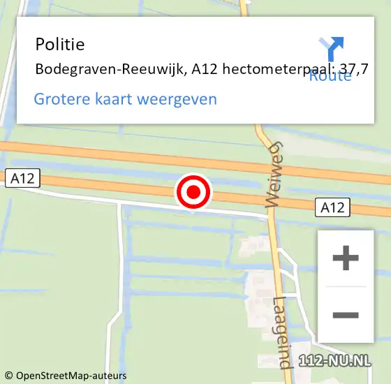 Locatie op kaart van de 112 melding: Politie Bodegraven-Reeuwijk, A12 hectometerpaal: 37,7 op 25 augustus 2023 08:18