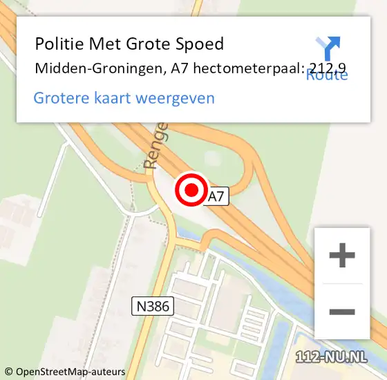 Locatie op kaart van de 112 melding: Politie Met Grote Spoed Naar Midden-Groningen, A7 hectometerpaal: 212,9 op 25 augustus 2023 13:07