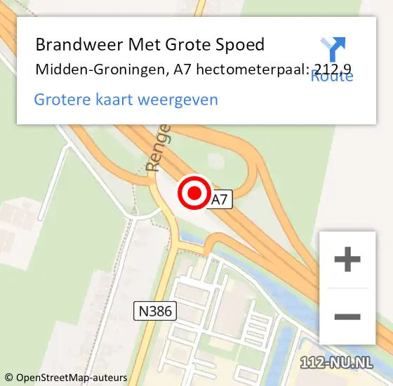 Locatie op kaart van de 112 melding: Brandweer Met Grote Spoed Naar Midden-Groningen, A7 hectometerpaal: 212,9 op 25 augustus 2023 13:08