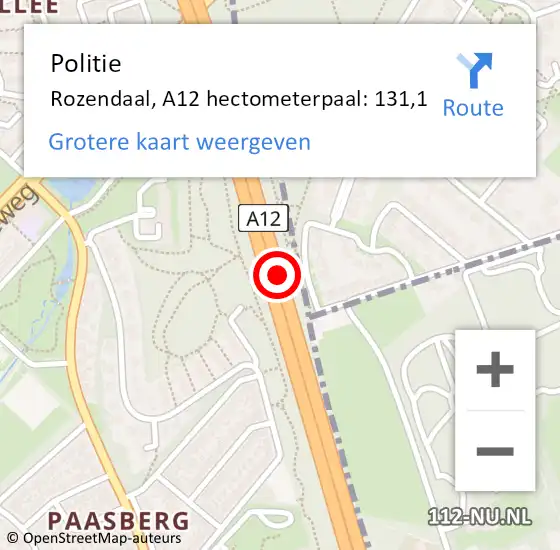 Locatie op kaart van de 112 melding: Politie Rozendaal, A12 hectometerpaal: 131,1 op 25 augustus 2023 13:53