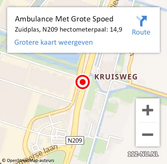 Locatie op kaart van de 112 melding: Ambulance Met Grote Spoed Naar Zuidplas, N209 hectometerpaal: 14,9 op 25 augustus 2023 14:22