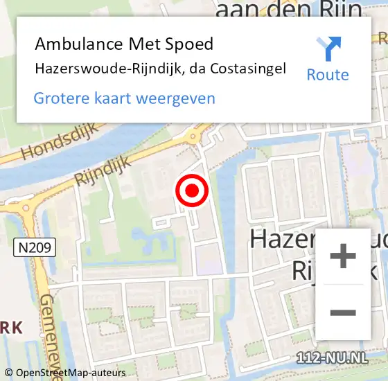 Locatie op kaart van de 112 melding: Ambulance Met Spoed Naar Hazerswoude-Rijndijk, da Costasingel op 25 augustus 2023 14:31