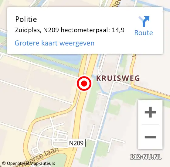 Locatie op kaart van de 112 melding: Politie Zuidplas, N209 hectometerpaal: 14,9 op 25 augustus 2023 14:33