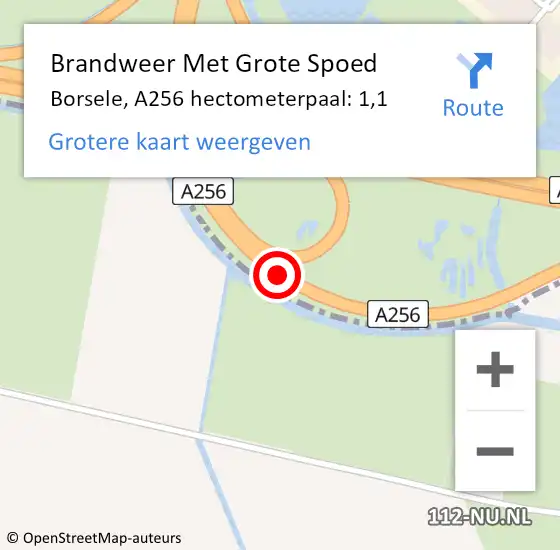 Locatie op kaart van de 112 melding: Brandweer Met Grote Spoed Naar Borsele, A256 hectometerpaal: 1,1 op 25 augustus 2023 15:20