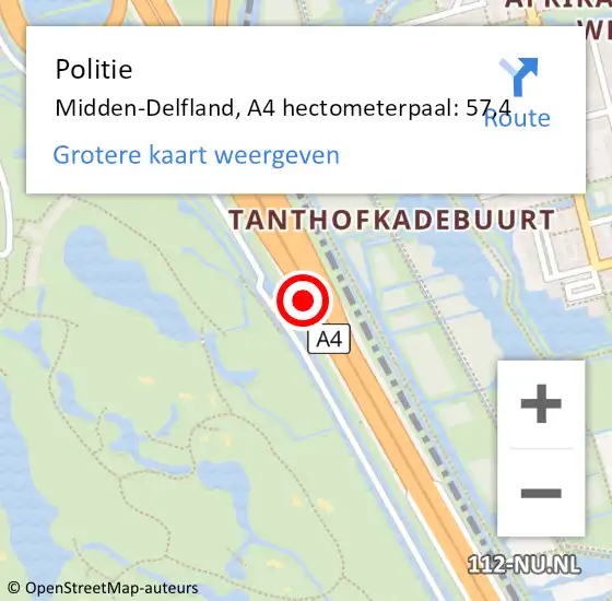Locatie op kaart van de 112 melding: Politie Midden-Delfland, A4 hectometerpaal: 57,4 op 25 augustus 2023 19:47