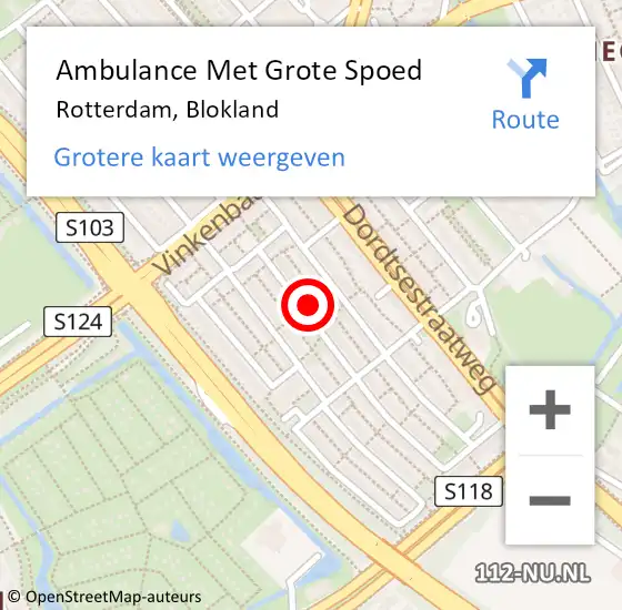 Locatie op kaart van de 112 melding: Ambulance Met Grote Spoed Naar Rotterdam, Blokland op 25 augustus 2023 21:02