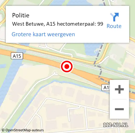 Locatie op kaart van de 112 melding: Politie West Betuwe, A15 hectometerpaal: 99 op 25 augustus 2023 21:14