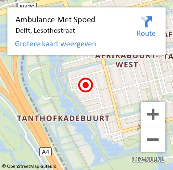 Locatie op kaart van de 112 melding: Ambulance Met Spoed Naar Delft, Lesothostraat op 25 augustus 2023 21:42