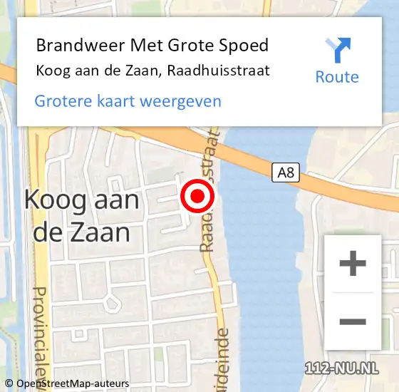 Locatie op kaart van de 112 melding: Brandweer Met Grote Spoed Naar Koog aan de Zaan, Raadhuisstraat op 26 augustus 2023 00:13