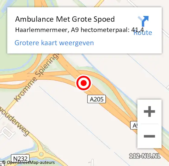 Locatie op kaart van de 112 melding: Ambulance Met Grote Spoed Naar Haarlemmermeer, A9 hectometerpaal: 41,4 op 26 augustus 2023 00:29