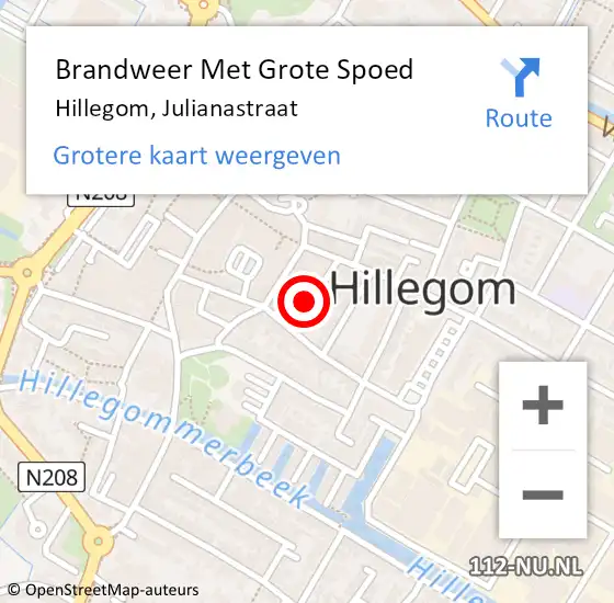 Locatie op kaart van de 112 melding: Brandweer Met Grote Spoed Naar Hillegom, Julianastraat op 26 augustus 2023 02:11