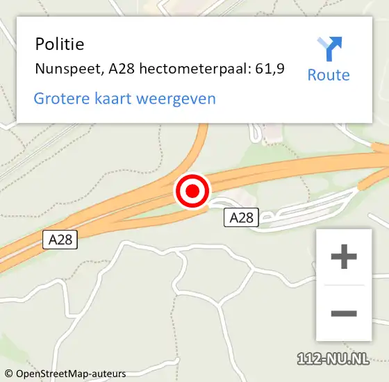 Locatie op kaart van de 112 melding: Politie Nunspeet, A28 hectometerpaal: 61,9 op 26 augustus 2023 02:13