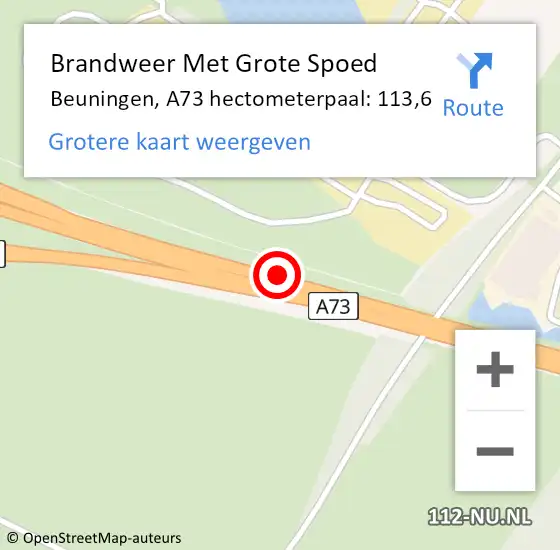 Locatie op kaart van de 112 melding: Brandweer Met Grote Spoed Naar Beuningen, A73 hectometerpaal: 113,6 op 26 augustus 2023 06:29