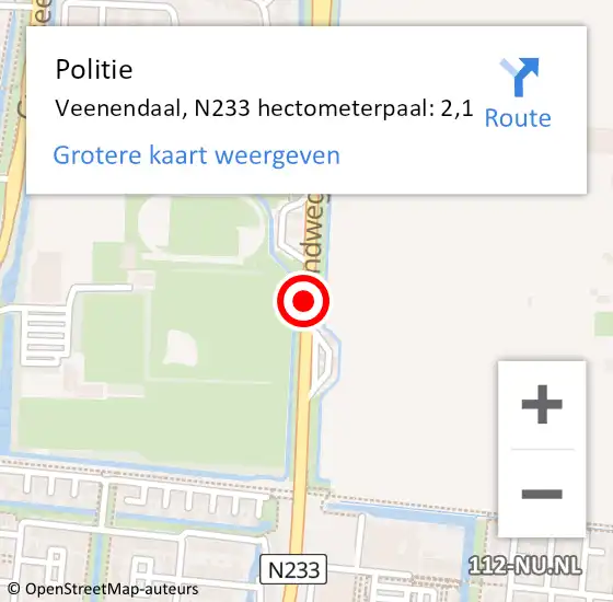 Locatie op kaart van de 112 melding: Politie Veenendaal, N233 hectometerpaal: 2,1 op 26 augustus 2023 07:59