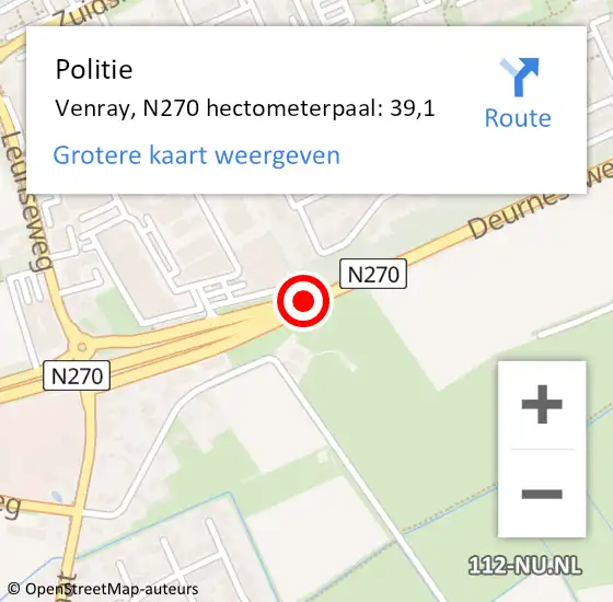 Locatie op kaart van de 112 melding: Politie Venray, N270 hectometerpaal: 39,1 op 26 augustus 2023 08:14