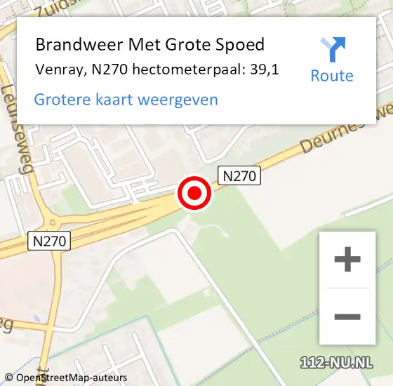 Locatie op kaart van de 112 melding: Brandweer Met Grote Spoed Naar Venray, N270 hectometerpaal: 39,1 op 26 augustus 2023 08:15