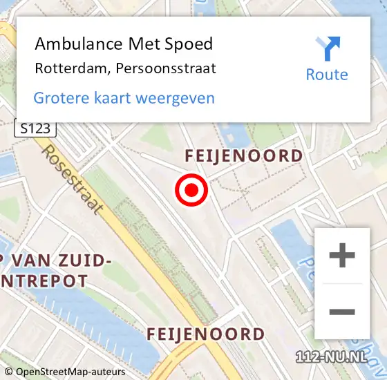 Locatie op kaart van de 112 melding: Ambulance Met Spoed Naar Rotterdam, Persoonsstraat op 26 augustus 2023 09:24