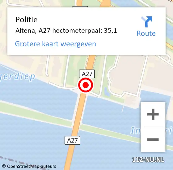 Locatie op kaart van de 112 melding: Politie Altena, A27 hectometerpaal: 35,1 op 26 augustus 2023 10:11