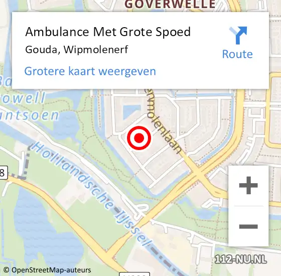 Locatie op kaart van de 112 melding: Ambulance Met Grote Spoed Naar Gouda, Wipmolenerf op 26 augustus 2023 13:09