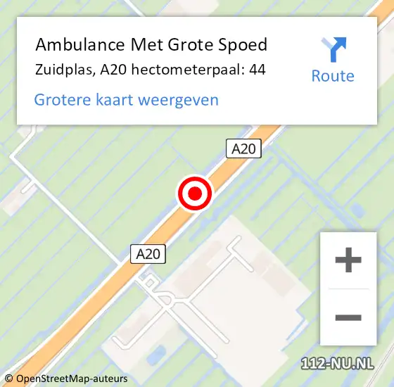 Locatie op kaart van de 112 melding: Ambulance Met Grote Spoed Naar Zuidplas, A20 hectometerpaal: 44 op 26 augustus 2023 16:21