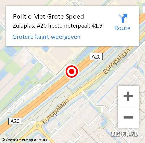 Locatie op kaart van de 112 melding: Politie Met Grote Spoed Naar Zuidplas, A20 hectometerpaal: 41,9 op 26 augustus 2023 16:23