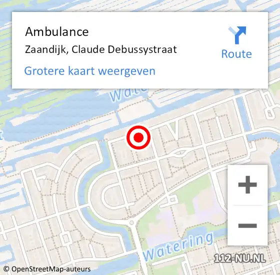 Locatie op kaart van de 112 melding: Ambulance Zaandijk, Claude Debussystraat op 26 augustus 2023 16:24