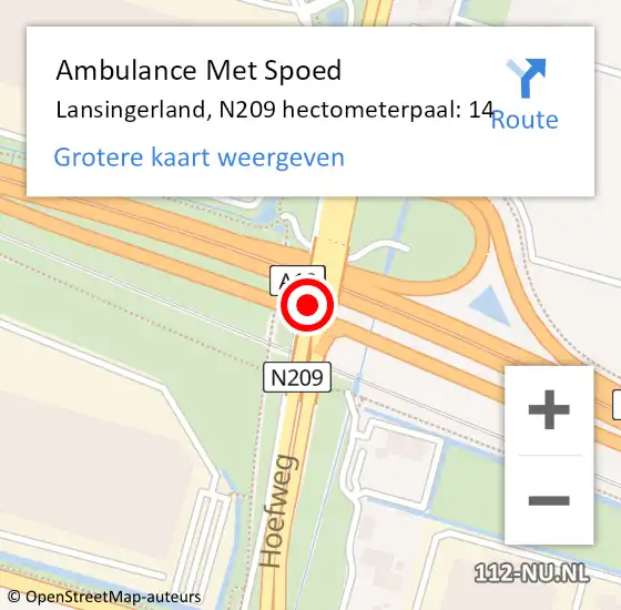 Locatie op kaart van de 112 melding: Ambulance Met Spoed Naar Lansingerland, N209 hectometerpaal: 14 op 26 augustus 2023 16:51