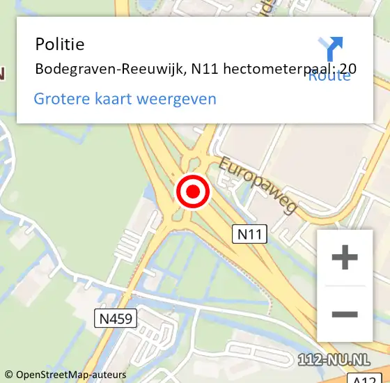 Locatie op kaart van de 112 melding: Politie Bodegraven-Reeuwijk, N11 hectometerpaal: 20 op 26 augustus 2023 16:51