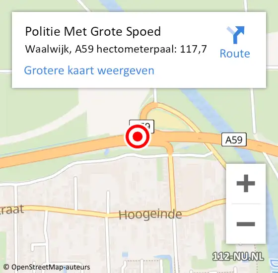 Locatie op kaart van de 112 melding: Politie Met Grote Spoed Naar Waalwijk, A59 hectometerpaal: 117,7 op 26 augustus 2023 16:57