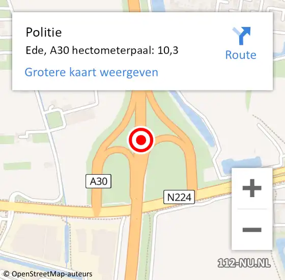 Locatie op kaart van de 112 melding: Politie Ede, A30 hectometerpaal: 10,3 op 26 augustus 2023 17:08